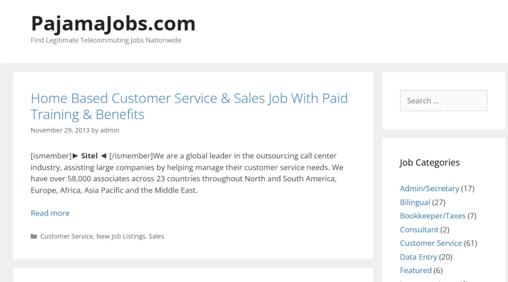 PyjamaJobs AI job search site listing remote work opportunities and flexible online job applications.
