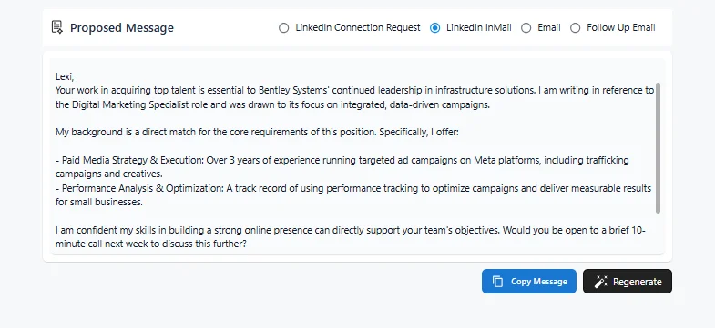 How to message a recruiter on LinkedIn via InMail, HirePilot generated message with skill-matched body and role-specific details for the target role