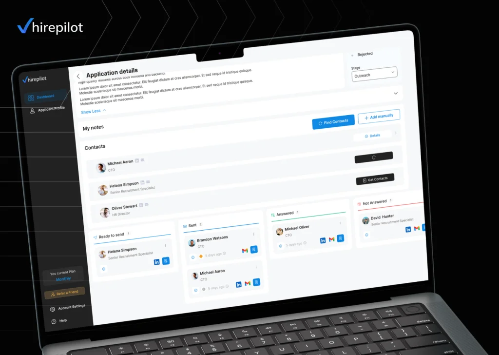 HirePilot AI job search tool showing automated job applications, tracking progress, and recruiter contacts.