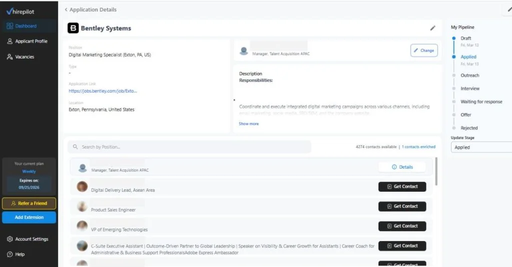 How to message a recruiter on LinkedIn using HirePilot, showing a contact list for a Digital Marketing Specialist role at company with talent acquisition manager and department leads