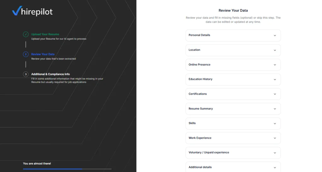 HirePilot Application Auto-Fill – review parsed profile data