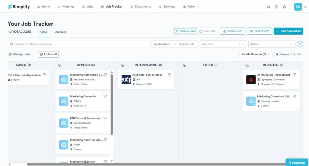 Simplify extension job tracker showing Kanban board with Applied, Interviewing, Offer and Rejected columns