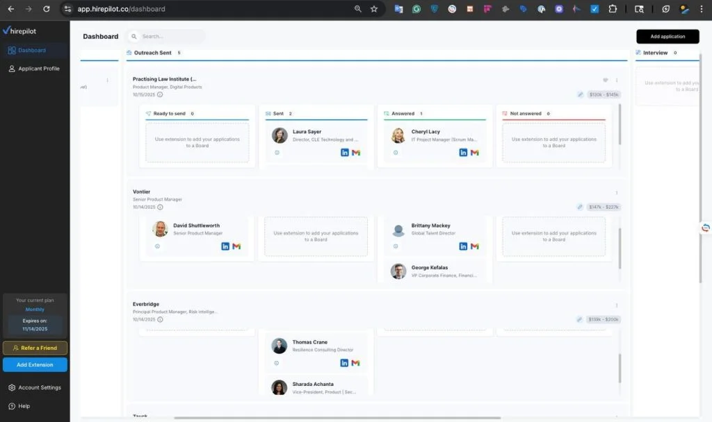 A job seeker’s HirePilot Job Tracker dashboard with active applications, interview reminders, and recruiter contact details.
