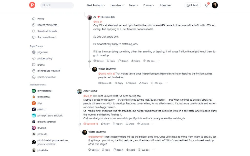 Product Hunt discussion about applying for jobs on mobile and real user behavior