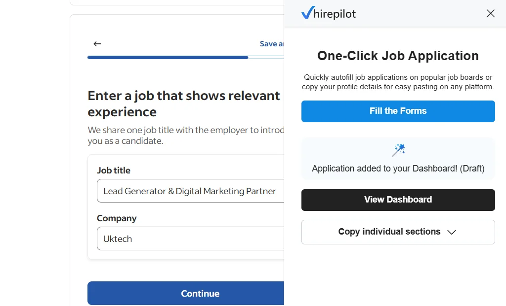 The HirePilot browser extension demonstrating one-click job application autofill on LinkedIn for faster submissions.