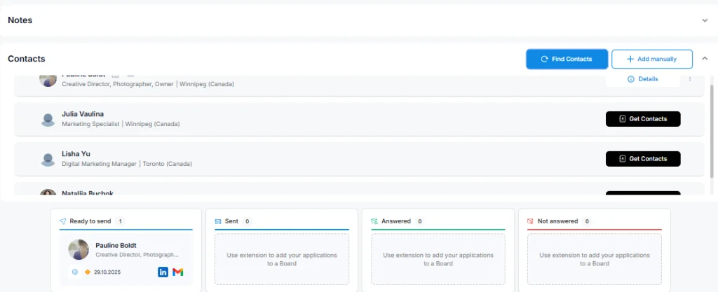 HirePilot Job Tracker contact management panel displaying recruiter emails, message status, and follow-up tracking.