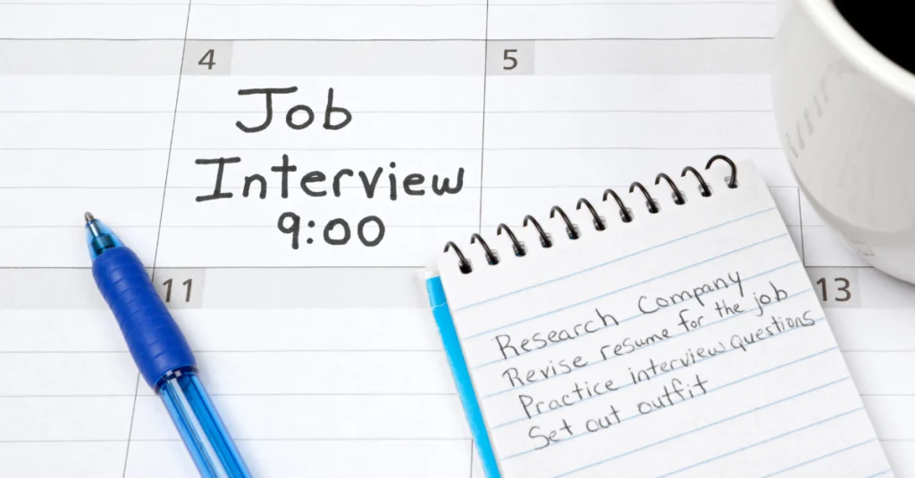 Job interview questions and answers – preparing for an interview with research notes and checklist.
