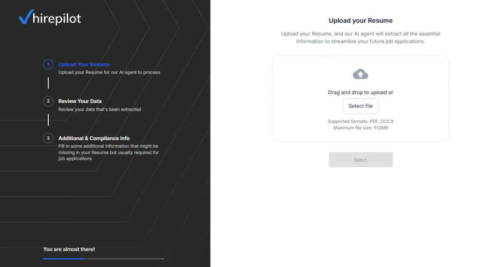 HirePilot Application Auto-Fill – upload resume step