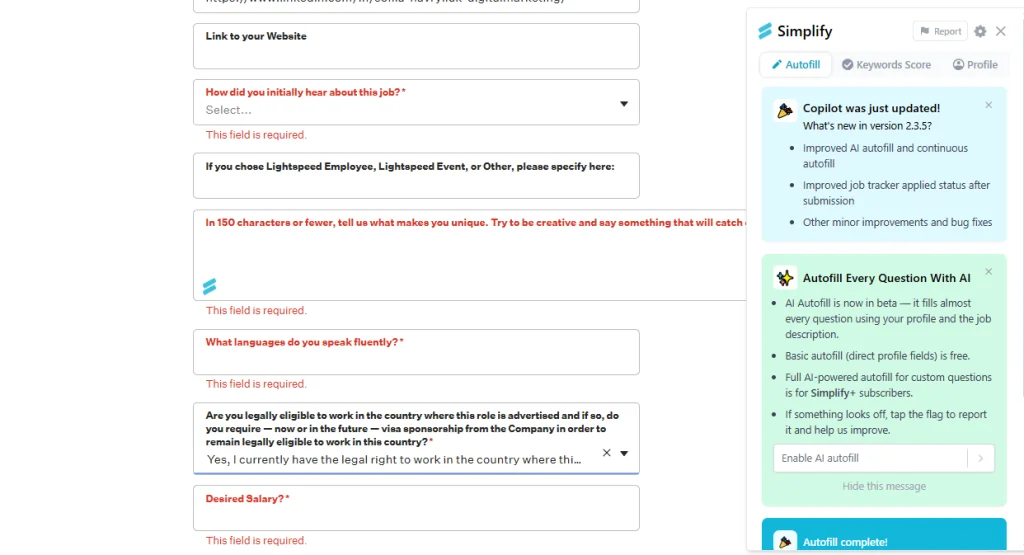 Simplify extension failing to autofill required fields on job application form
