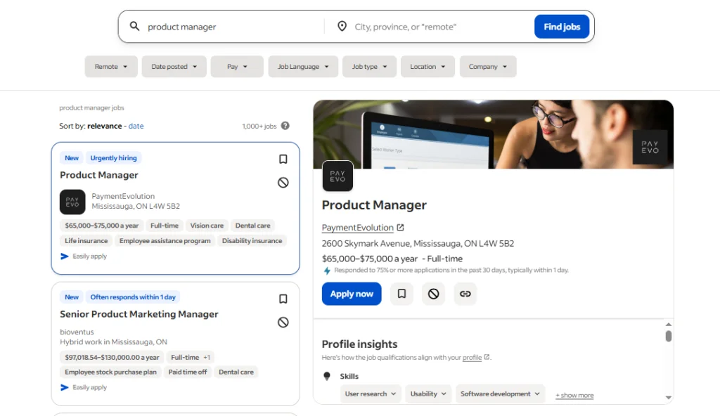  Indeed job listing page displaying Product Manager roles, salary insights, and company details. Best Job Boards comparison for online job search.