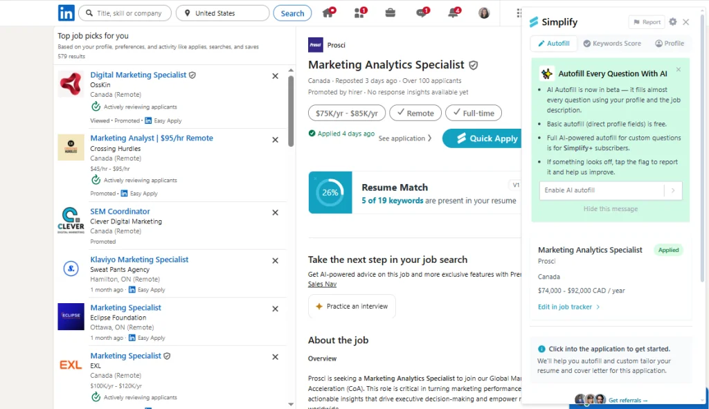 Simplify extension open on LinkedIn Easy Apply job listing with autofill panel