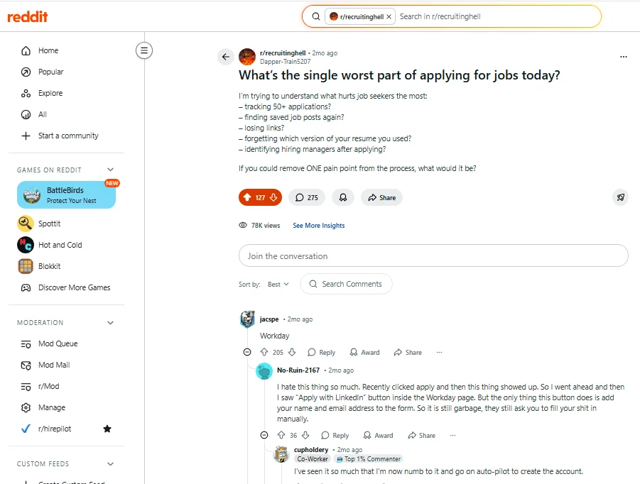 Reddit discussion about Workday application status frustration in subreddit