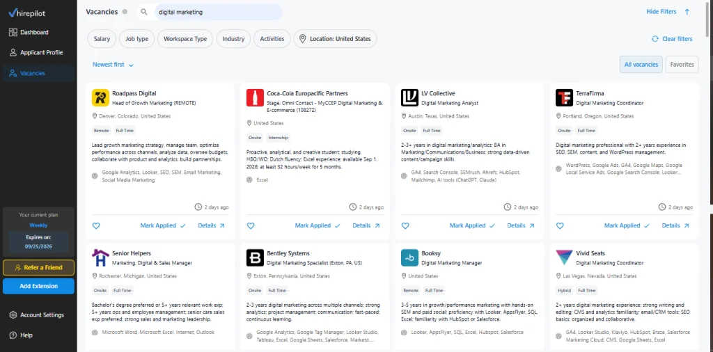 How to get a job fast with HirePilot job board showing fresh listings filtered by newest first
