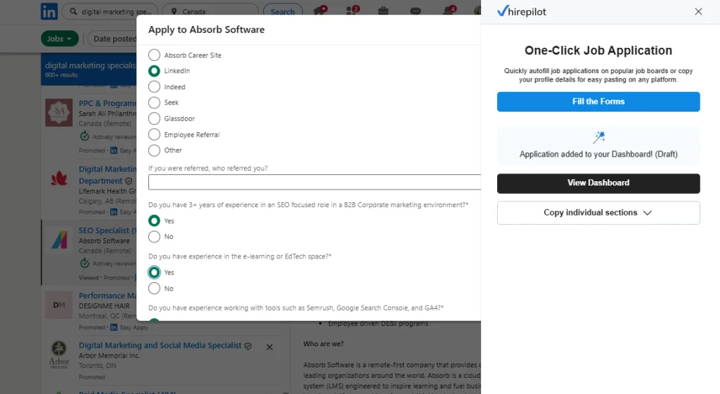 HirePilot Application Auto-Fill in action – one-click job application