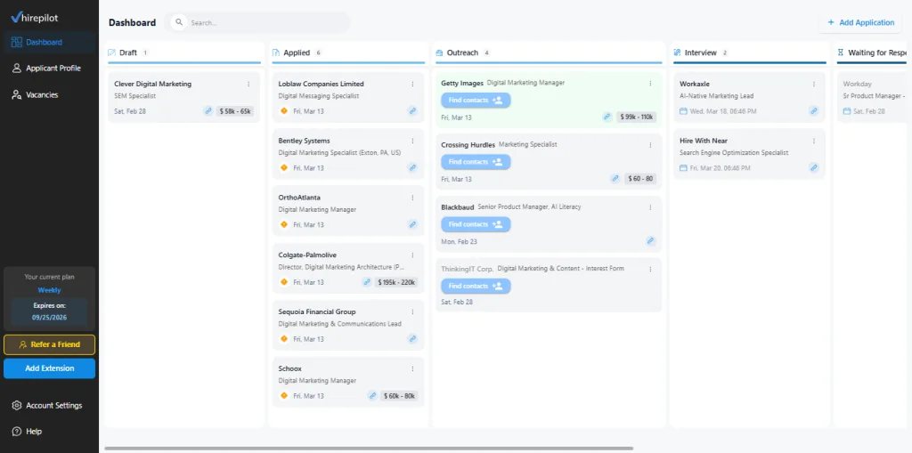 How to get a job fast by tracking all applications in HirePilot dashboard organized by status
