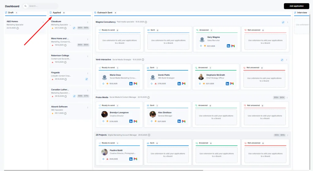 HirePilot Application Auto-Fill dashboard showing organized job applications in pipeline view