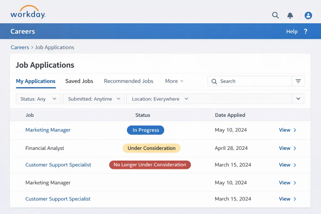 Workday job applications dashboard showing In Progress, Under Consideration and No Longer Under Consideration statuses