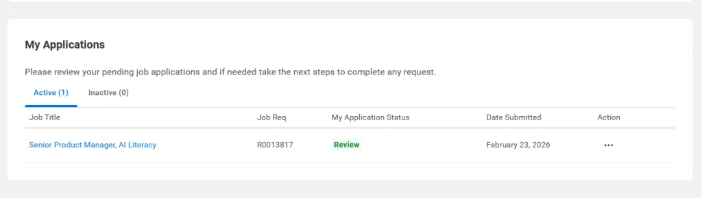 Workday applicant tracking dashboard displaying job application under review with job requisition number and submission date