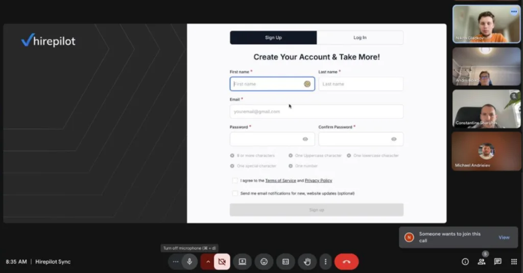 HirePilot founders on a video call reviewing user feedback and discussing HirePilot reviews while showing the account signup screen.