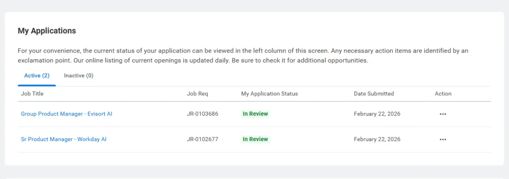 Workday application tracking system dashboard showing job applications with “In Review” status and submission dates
