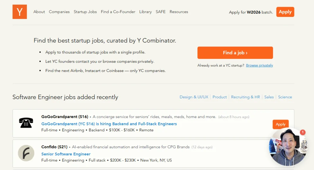 Y Combinator job board showing startup engineering and product roles. Best Job Boards for startup and tech career paths.