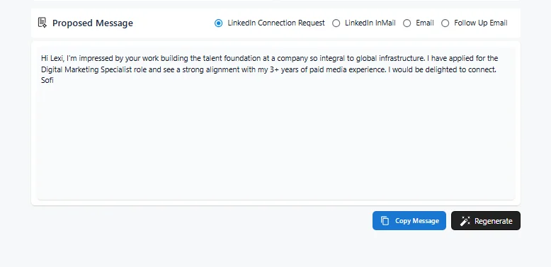 How to message a recruiter on LinkedIn, HirePilot generated connection request personalized to the recruiter's background and role