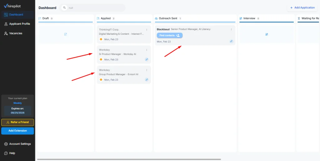 Job application tracking dashboard showing centralized candidate-controlled tracking system across multiple employers