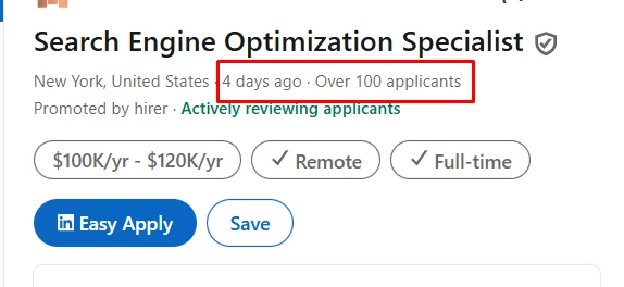 LinkedIn Easy Apply job listing showing over 100 applicants and actively reviewing status