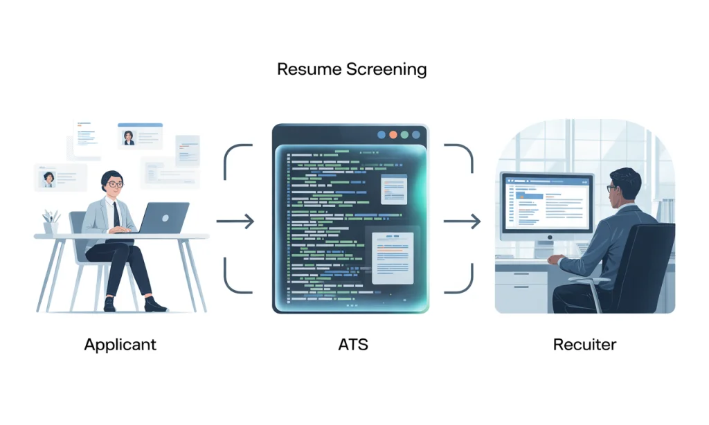 AI recruiter outreach workflow showing applicant, ATS screening, and recruiter review