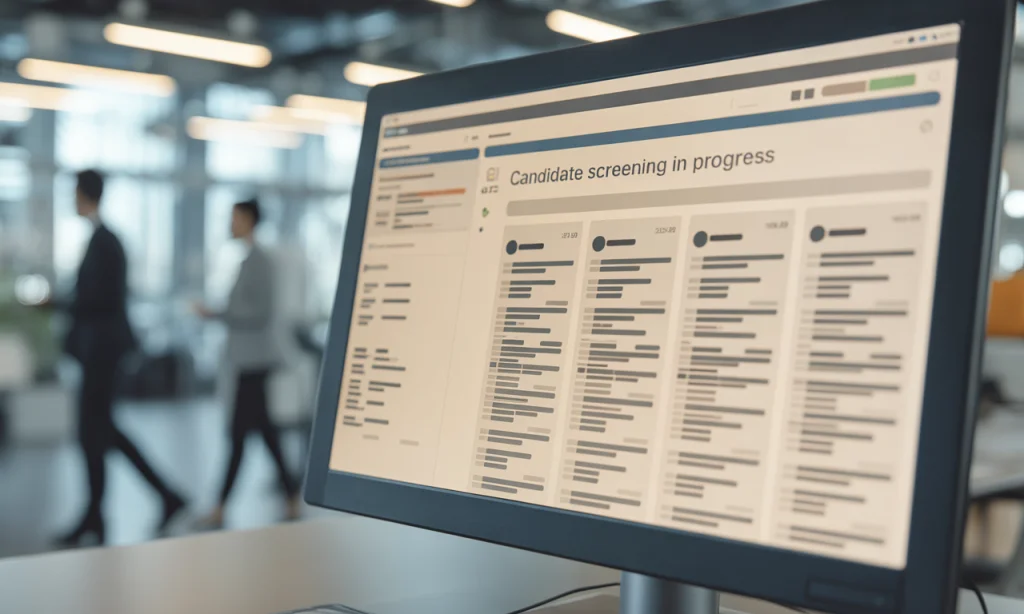 ATS candidate screening process showing automated resume filtering and ranking on a hiring dashboard.