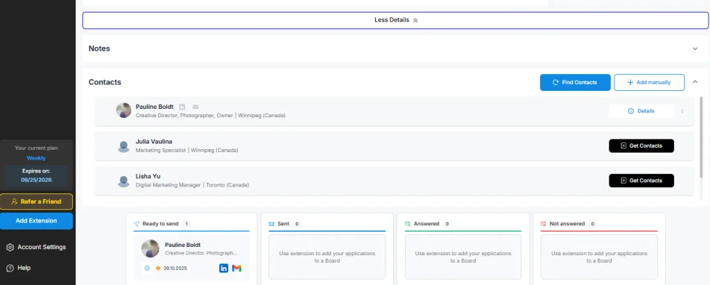 Dashboard showing outreach and networking tools in a job search strategy to help you get more interviews.