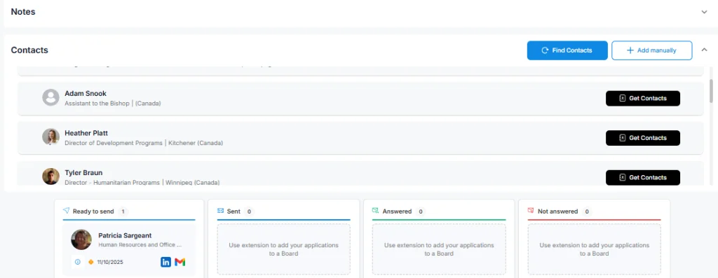 HirePilot dashboard showing suggested contacts and email tracking to reach hiring managers efficiently.
