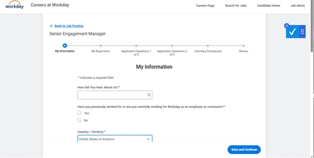 Workday job application My Information section showing required fields for a Senior Engagement Manager role