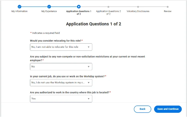 Workday application questions section with screening questions including relocation and work authorization