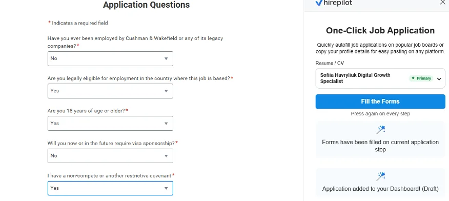 HirePilot autofill extension filling out Workday application questions automatically with one-click job application