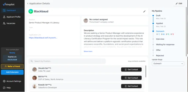 HirePilot job tracker dashboard showing Workday application status with recruiter outreach contacts in pipeline