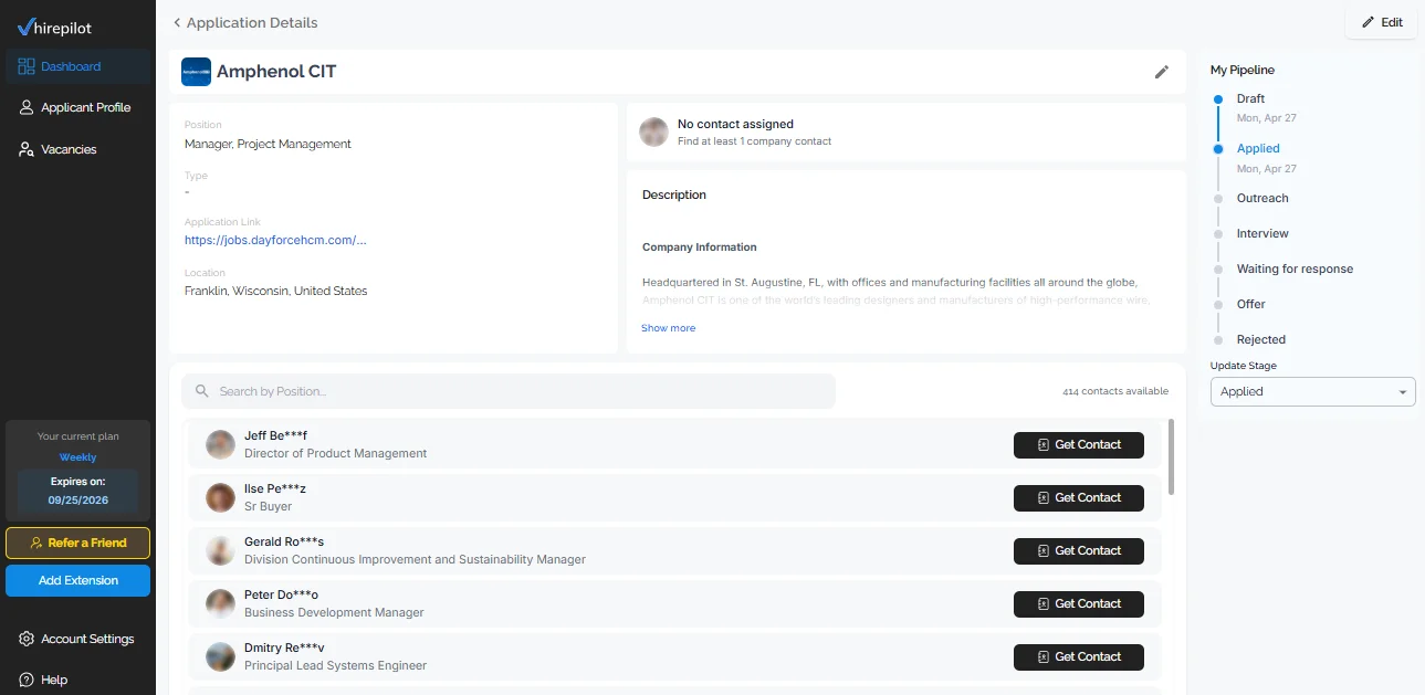 HirePilot dashboard showing hiring manager contacts for a project manager role