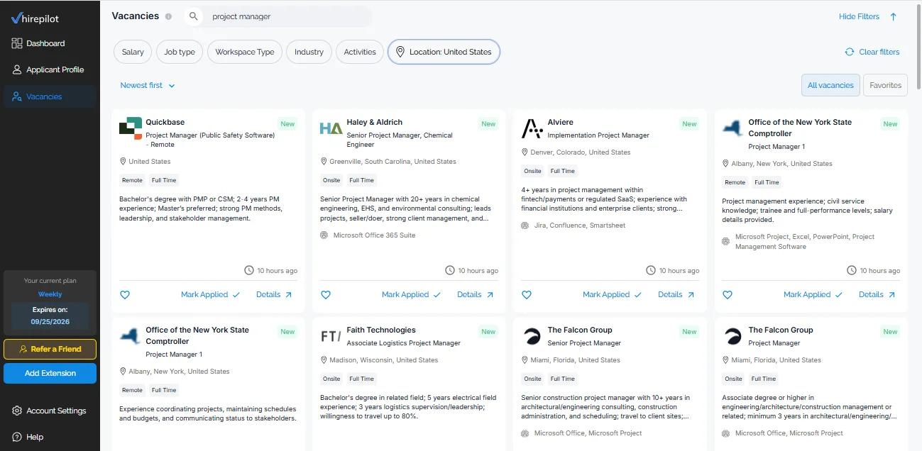 HirePilot job board showing remote job listings filtered by location