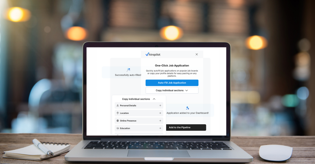 HirePilot One-Click Auto-Fill Job Application tool displayed on a laptop, showing how to Apply for Jobs Online efficiently using job application automation and the online application process.