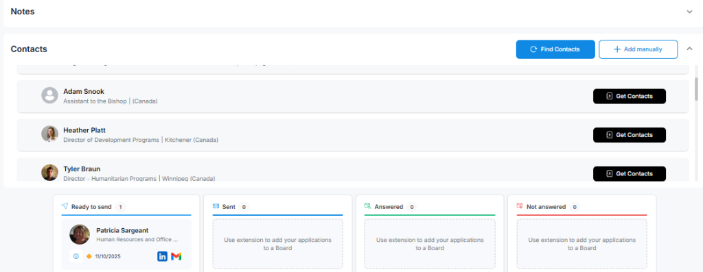 HirePilot dashboard showing suggested contacts and email tracking to reach hiring managers efficiently.