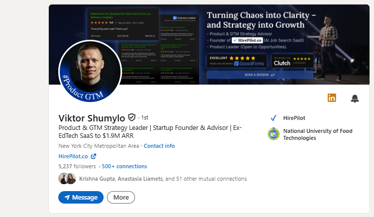 LinkedIn profile of a professional showcasing personal branding, an essential pillar of modern job search strategies.