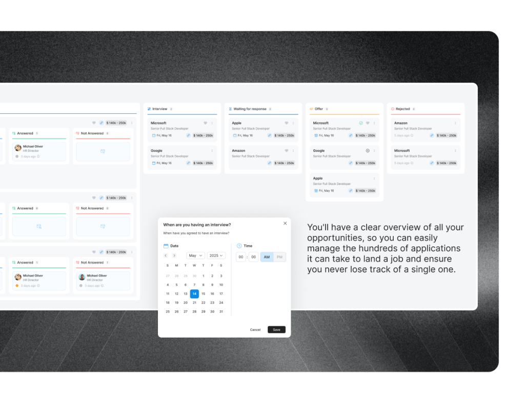 HirePilot job application tracker showing organized stages that support smarter job search strategies.
