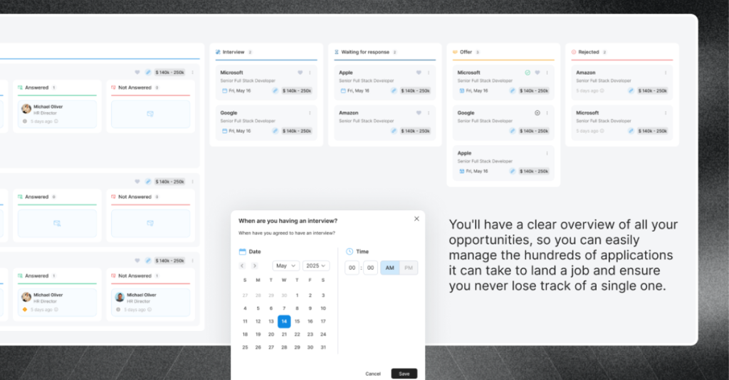 Job search dashboard tracking applications, networking outreach, referrals, and follow-ups with hiring managers in one organized system.