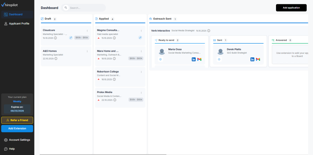 HirePilot job application tracker dashboard showing follow-up status and recruiter responses.