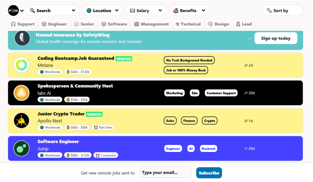 RemoteOK job listings with detailed tags, salary ranges, and global remote roles. Best Job Boards for remote tech jobs.