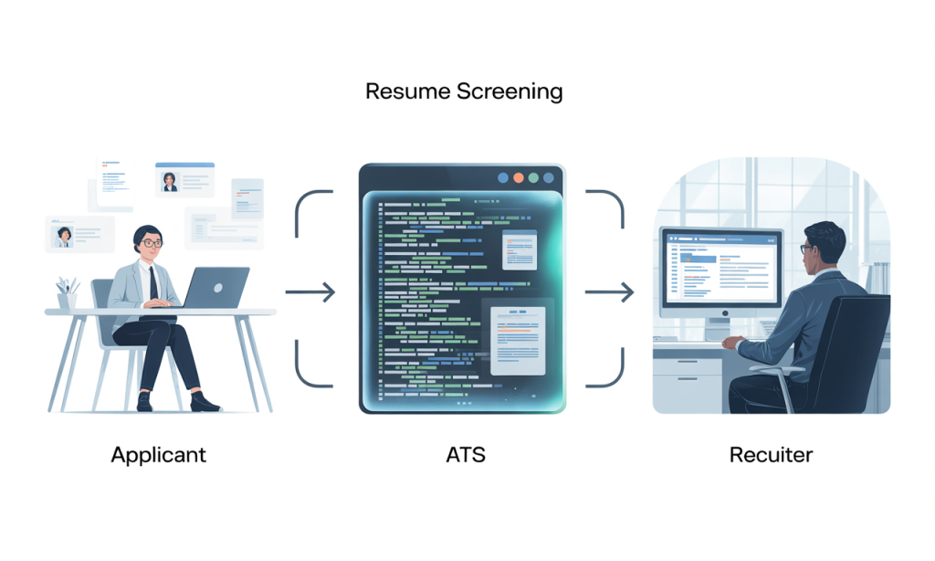 Resume screening flow showing how ATS filters applications before recruiters and hiring managers review candidates without referrals or networking.