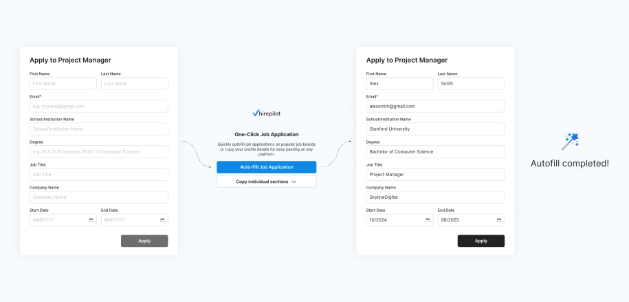 HirePilot interface showing how to automate job apply with one click, the browser extension auto-fills job application forms instantly, saving time and reducing manual effort.