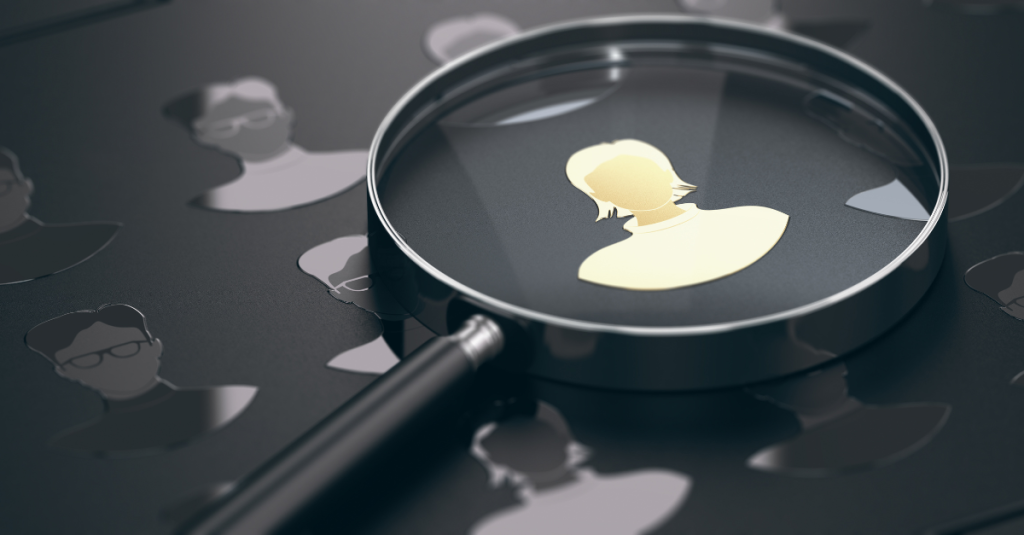 AI recruiter outreach concept, magnifying glass highlighting a candidate profile among many, symbolizing personalized recruiter targeting.