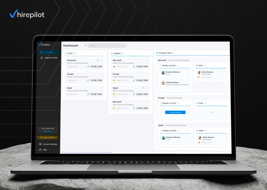 HirePilot dashboard on a laptop displaying a job application tracker, illustrating key job application tracker benefits such as organized workflows and clear progress tracking.
