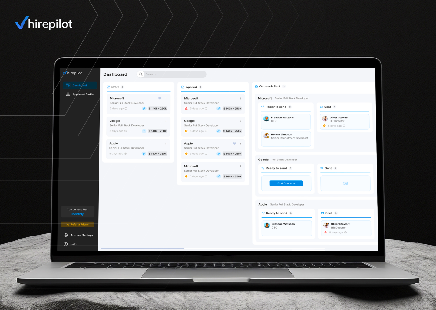 Laptop showing HirePilot job application tracker dashboard with organized applications for Microsoft, Google, and Apple, illustrating how a job application tracker helps manage and track the hiring process efficiently.